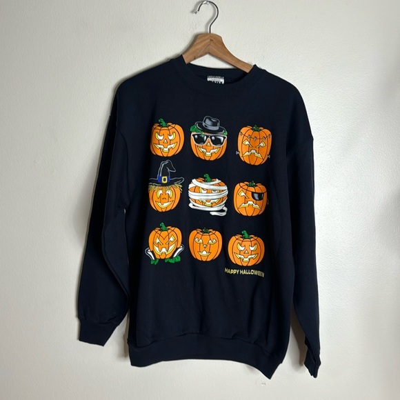 Vintage 1990s Tultex Happy Halloween Sweatshirt Emoji Witch Mummy Pirate large - Picture 1 of 8